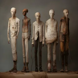 Vier nebeneinander stehende Tonfiguren von Männern 4