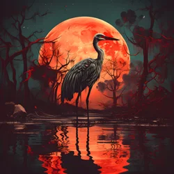 Wasser und ein großer Vogel im abendlichen Vollmondlicht 1