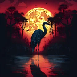 Wasser und ein großer Vogel im Abendlicht des Vollmonds