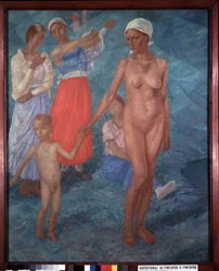 Morgen. Badende (Frauen ziehen sich hinter einer Mutter und ihrem nackten Kind an)