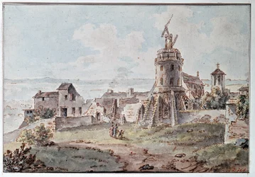 Ein Chappe-Telegraph auf einem Turm, von Goblain, Ende des 18. Jahrhunderts