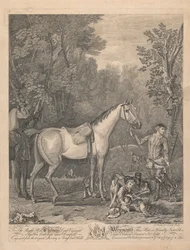 Eine Serie von sieben, unbetitelt, jeweils gewidmet: An den ehrenwerten Thomas Lord Viscount Weymouth...nach dem Originalgemälde in Long Leat Hall. [Zwei Reiter bei einem Bauernhaus fragen einen Bauern nach dem Weg; ein Brunnen links, mit einem Paar Füchse