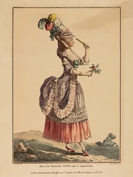 La Gallerie des Modes; Le Clerc; Dupin - Druck; kolorierte Gravur - Robe à Polonaise aus einfarbigem Stoff mit Kapuze