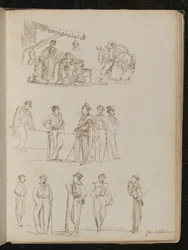 Überdachter Obstverkäuferstand mit Frauen und einem rauchenden Mann, Studie von fünf Herren, Studie von fünf Soldaten mit der Aufschrift 