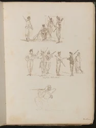 Studien von Gruppen von Soldaten mit Waffen in Ruhe, beschriftet 