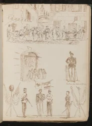 Stadtszene mit trinkenden Soldaten, Marktstand, piemontesische Nationalgarde, vier Soldaten und gekreuzte Fahnen