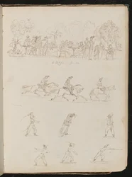 Acht Studien von Soldaten, darunter Soldaten in einem Freiluftcafé mit der Inschrift "a caffe sense?"