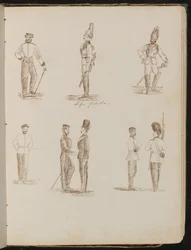 Acht Studien von stehenden Soldaten in Uniform, beschriftet "Leibgarde"