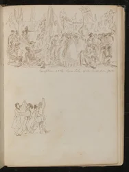 Mehrfiguren-Empfangsszene "bei der Aqua Lola, bei den Truppen aus Gaela" mit Bannern und Fahnen