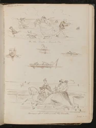 "Auf der Parade, ein windiger Tag", Boote mit Tagesausflüglern, Reiter auf Pferden mit der Inschrift "Reiten mit dem Meister"