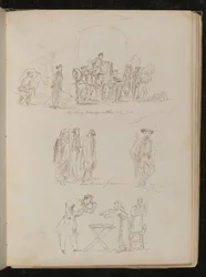 Durchsuchung von Kutschen am Stadttor und drei Studien mit der Aufschrift Türken in Genua, rauchende männliche Figur, eine Wahrsagerin mit einem Soldaten