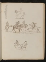 Soldat in voller Uniform, Studien eines Jugendlichen mit Angelrute zu Pferd, vier Männer zu Pferd mit der Aufschrift Piemontesische Kavallerieoffiziere