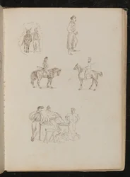 Studien von männlichen Figuren mit Pferden, Studie eines rauchenden Soldaten mit Schwert, Studie von drei Obstverkäufern mit Stand