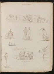 Studien von Männern und Frauen "Auf der Parade", ein Mann mit einem Netz beschriftet "Shrimper", ein Matrose beschriftet "Küstenwache", datiert "28. Mai 1861"