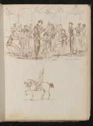 Studie einer Cafészene mit Soldaten, die Zeitungen lesen, mit der Inschrift "News from gaela - a café in Genoa"