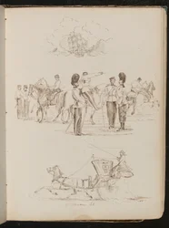 Studie eines Schiffes auf dem Wasser, Studie von acht Soldaten und fünf Pferden, Studie eines Pferdes und einer Kutsche mit einer Reiterin