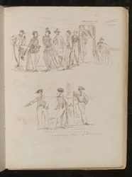 Studie von acht Soldaten im Innenraum, drei sardische Soldaten