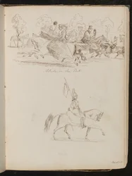 Studie von Männern und Frauen zu Pferd in einem Park, möglicherweise eine Jagd, eine Studie eines Soldaten in voller Uniform zu Pferd mit einer Fahne