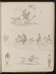 Studie von Soldaten auf Pferden, die Kanonen ziehen, zwei Ansichten von Artilleristen, ein Soldat in voller Montur auf galoppierendem Pferd