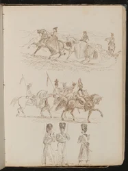 Studie von zwei Frauen und einem Mann in hügeliger Landschaft, Soldaten zu Pferd, drei Wachen im Gespräch