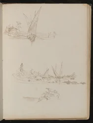 Drei Studien von Schiffen, Booten und Küstenlandschaft