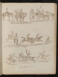 Drei Studien von Soldaten zu Pferd beschriftet "Garibaldianische Kavallerie"