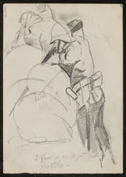 Zwei Soldaten, die über Sandsäcke nach unten schießen, beschriftet "um das volle Profil zu erhalten", 1879