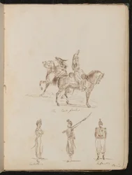 Zwei Soldaten zu Pferd beschriftet "Die Cert-Garde", Studien von Artillerie- und Infanteriesoldaten