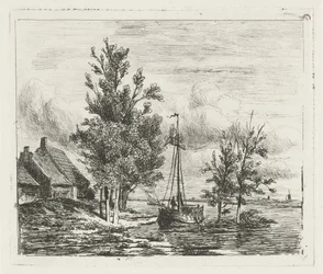 Flusslandschaft mit Segelschiff und Bauernhof