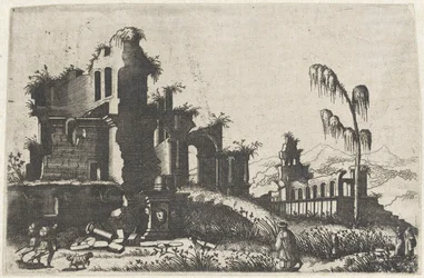 Landschaft mit bewachsenen Ruinen und Reisenden