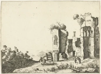 Mann, der sich auf einen Stock vor einer Ruine lehnt