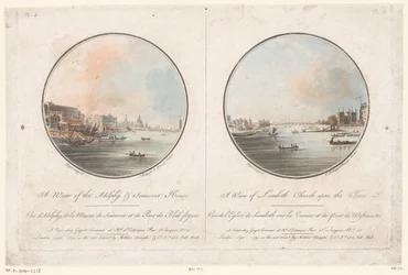 Ansicht von Adelphi und Somerset House von der Themse aus und Ansicht der Lambeth Church von der Themse aus