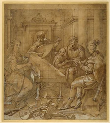 Eine Allegorie der Musik: Ruhm am Virginal; zwei junge Lautenspieler sitzen; ein bärtiger Älterer lehrt einen Jungen, einer Partitur zu folgen