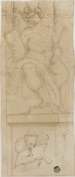 Sitzende Figur mit Krone, Zepter und Buch haltend, mit Hostie darunter