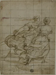 Zwei Frauen auf Wolken, die eine Last ziehen