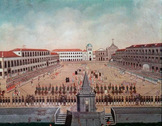 Militärparade auf dem Königlichen Platz von Rio de Janeiro in Brasilien. Aquarell von Leandro Joaquim