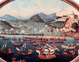 Seefestzug vor dem Lazarus-Hospital in Rio de Janeiro, Brasilien. Aquarell von Leandro Joaquim, 18. Jahrhundert