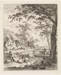 Hirtin mit Schafen vor einem Bauernhof