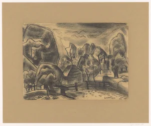 Landschaft mit Bauernhof zwischen Bäumen