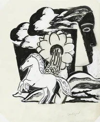 Steigendes Pferd, Blume und Kopf (Skizze)