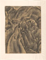 Frau mit einem Krug auf dem Kopf auf einem Weg durch Hochgebirge