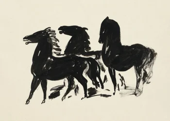 Drei schwarze Pferde, die nach links gewandt dastehen (1935-1936), Zeichnung in hoher Auflösung