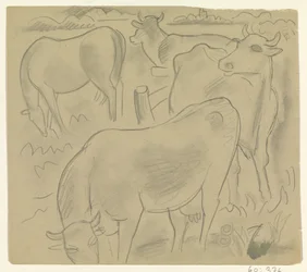 Drei Kühe und ein Pferd auf der Weide