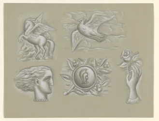 Pegasus, Taube, Frauenkopf, Wappen und Hand mit Rose