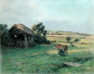 Landschaft mit einer Bäuerin, die eine Kuh melkt, Mitte der 1880er Jahre