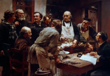 Der Sezierkurs des Arztes Claude Bernard (1813-1878) (mit der Schürze) in Anwesenheit seiner Schüler Paul Bert (1833-1886) und Arsonval