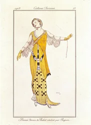 Dioné, Zeichnung von Bakst, gemacht von Jeanne Paquin. Costumes Parisiens Nr. 73
