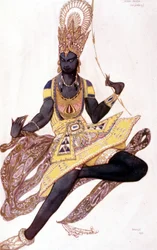 Kostüm von Vaslav Nijinsky oder Nijinsky (1889-1950) entworfen von Leo Bakst für „Der Blaue Gott“ von Reynaldo Hahn (1875 - 1947)