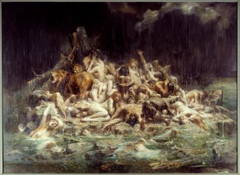 Die Sintflut. Eine Ansammlung von menschlichen und tierischen Körpern unter den Regenströmen des Himmelszorns, einige sind bereits ertrunken, andere schreien ihre Not heraus. Gemälde von Leon Comerre (1850-1916) 1911
