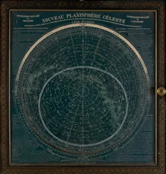 Ein Planisphäre, gedruckt in Weiß auf dunkelblauem Hintergrund, ca. 1900